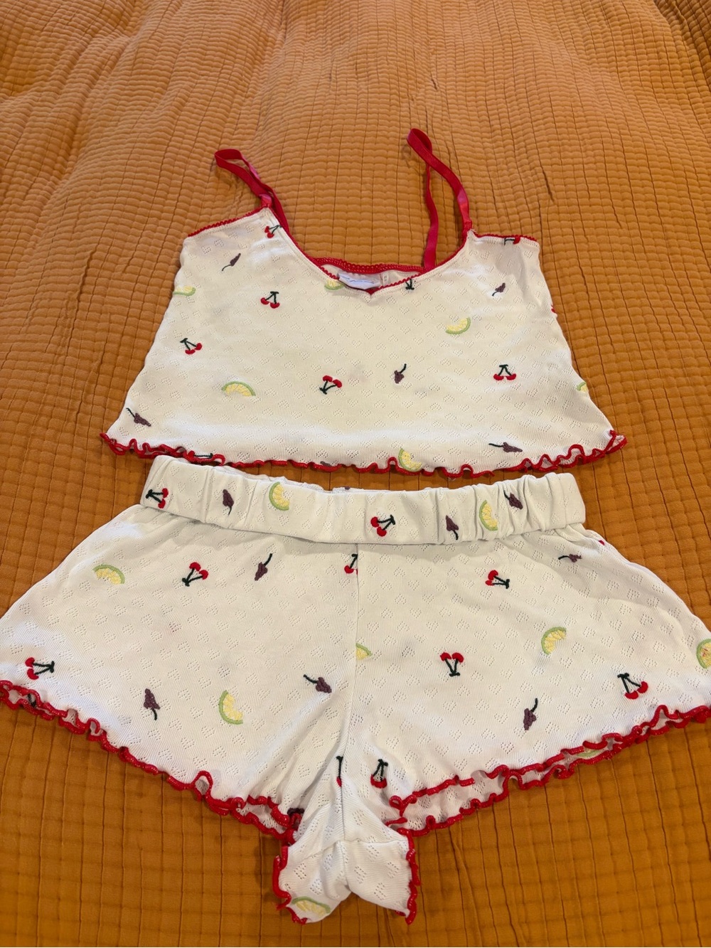 Urban Outfitters White Knit Fruit-Print Pajama Camisole with Red Detail